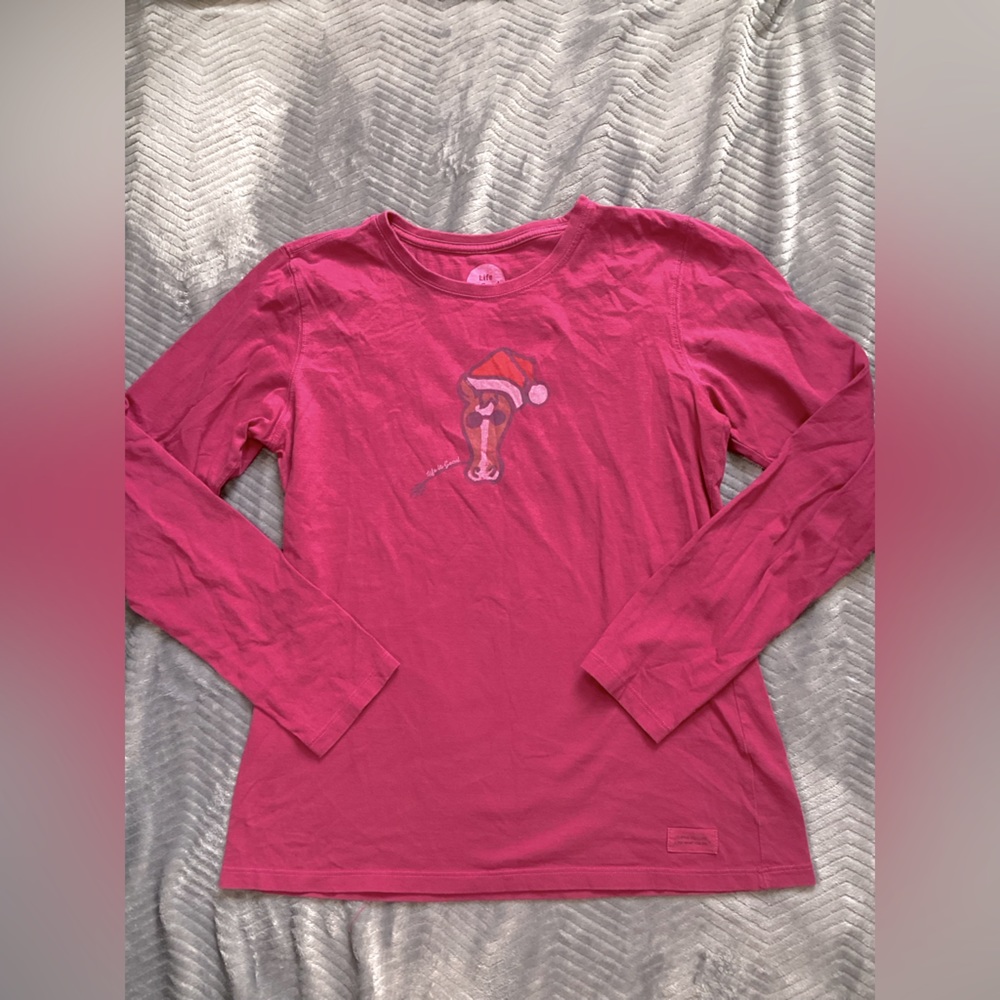 Women’s Life Is Good Horse Christmas Hat LS Classic Fit Tee Medium
